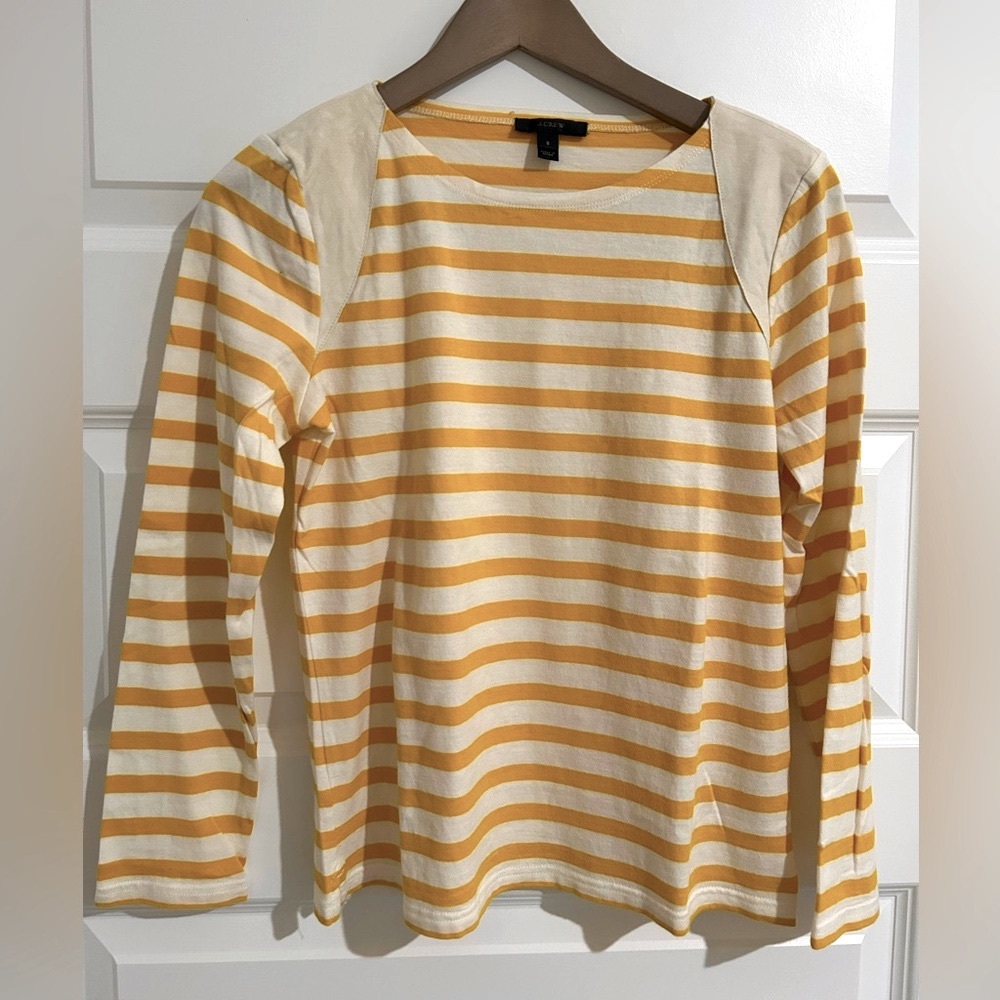 J Crew Striped Leather Patch Top Yellow Cream Size S